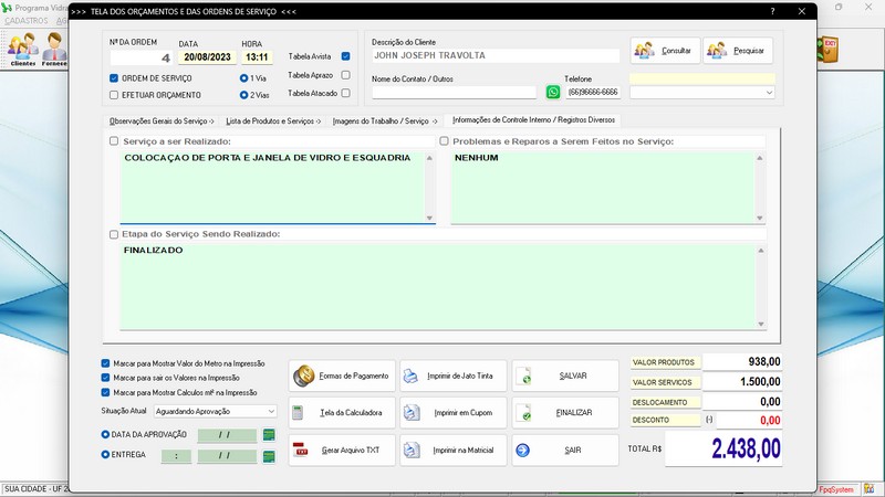 Imagens do Programa Vidraaria e Esquadria v6.7 Plus