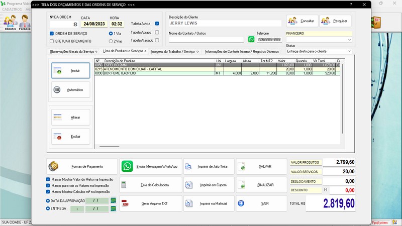 Imagens do Programa Vidraaria e Esquadria v7.7 Plus